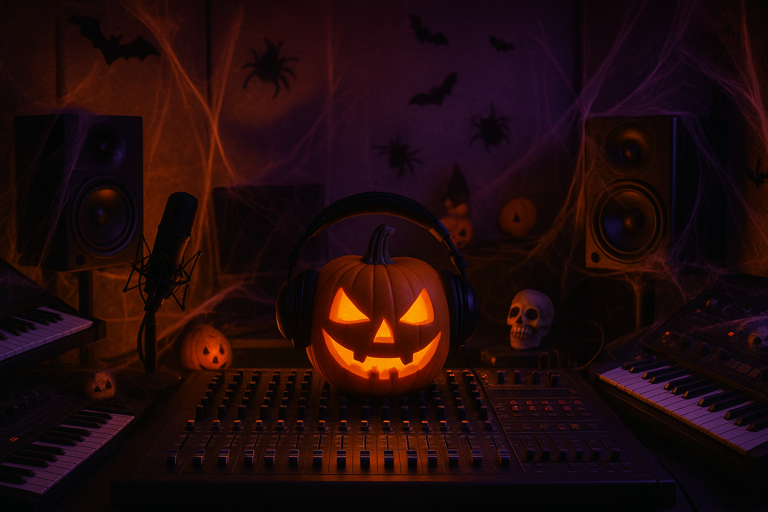 GENERAME UNA FOTO DE UN STUDIO, ESTILO HALLOWEN Y UNA CALABAZA DE PRODUCTOR MUSICAL