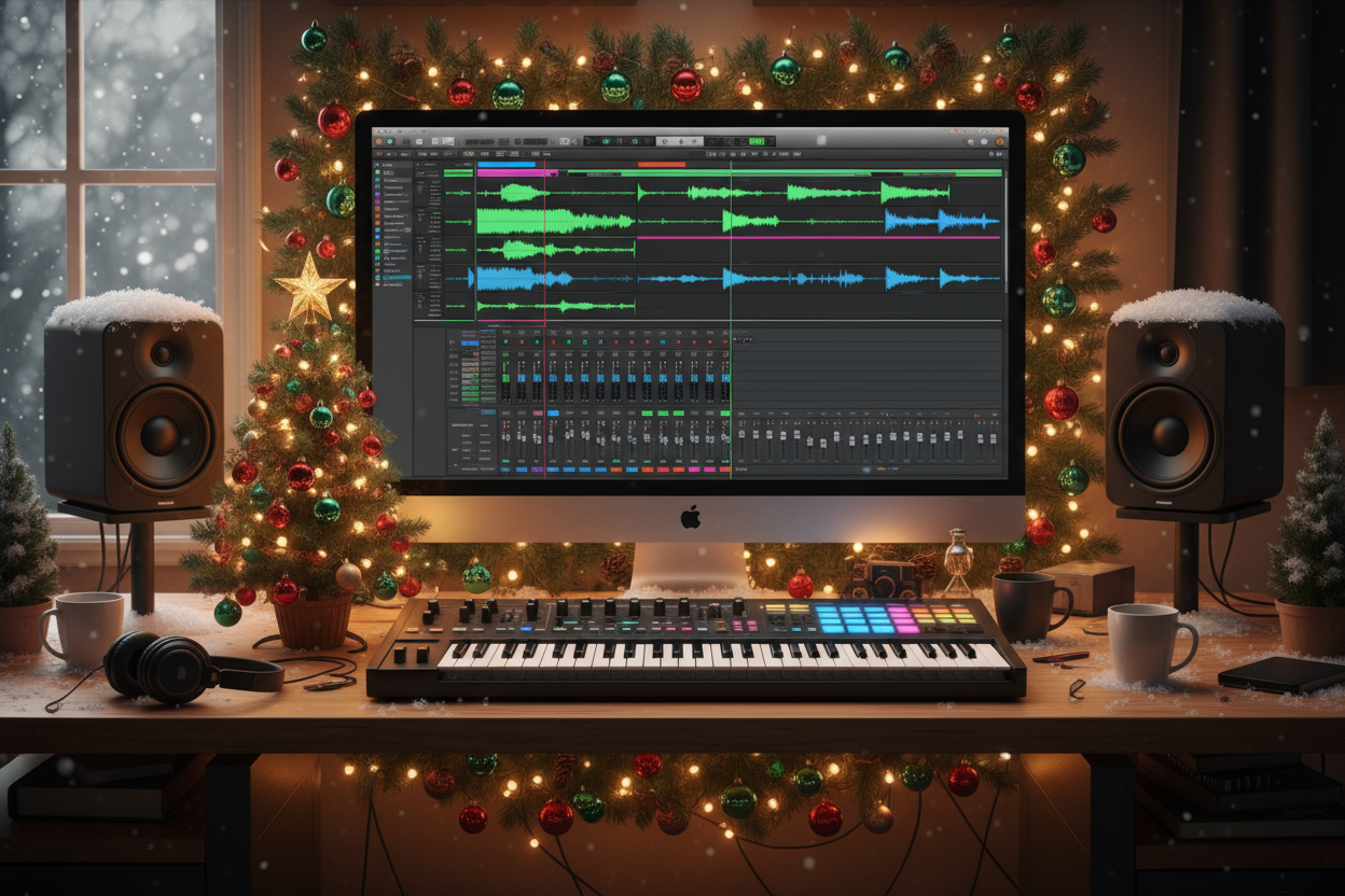 studio de musica,un daw en la computadora, estilo navidad