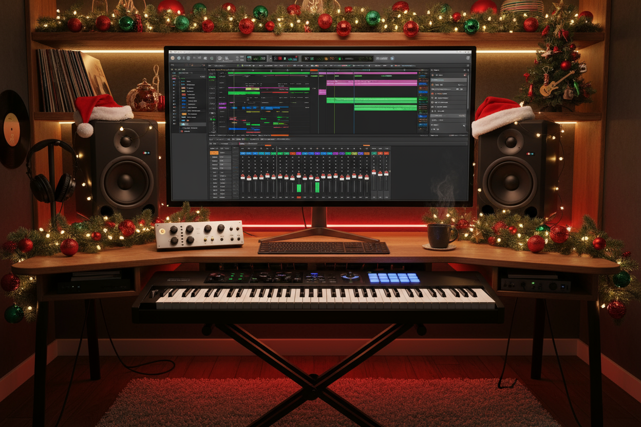studio de musica, un daw en una computadora, navidad